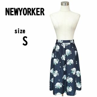 【S(7))】NEWYORKER ニューヨーカー 花柄 スカート ネイビー(ひざ丈スカート)