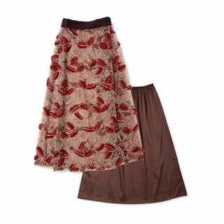 【色: ブラウン】[リリーブラウン] フェザー柄刺繍ロングスカート LWFS18(その他)