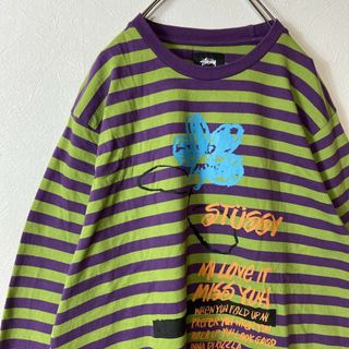 ステューシー(STUSSY)の【フラワープリント、マルチボーダー】stussy長袖Tシャツ古着グリーンsk8(Tシャツ/カットソー(七分/長袖))