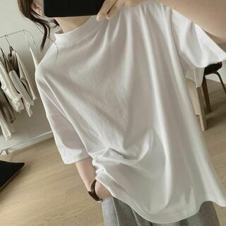 21☆10　プチハイネックシャツ　ホワイト　レディース　コットン　半袖　シンプル(Tシャツ(半袖/袖なし))