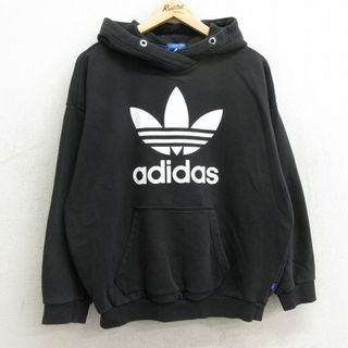 アディダス(adidas)の古着 アディダス adidas 長袖 スウェット パーカー レディース ビッグロゴ リーフ トレフォイル 大きいサイズ 黒 ブラック 24may06 中古 スエット トレーナー トップス(パーカー)