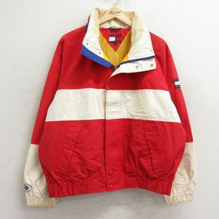 トミーヒルフィガー(TOMMY HILFIGER)のXL★古着 トミーヒルフィガー TOMMY HILFIGER 長袖 ブランド セーリング ジャケット メンズ 90年代 90s 大きいサイズ 赤 レッド 24may06 中古 アウター ジャンパー ブルゾン(ダッフルコート)