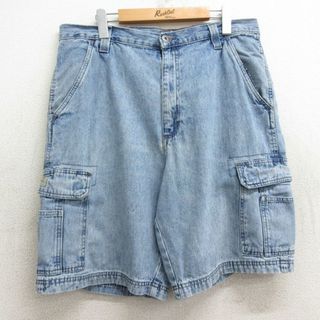 ラングラー(Wrangler)のW35★古着 ラングラー Wrangler ショート カーゴ パンツ ショーツ メンズ 紺 ネイビー デニム 24may06 中古 ボトムス 短パン ショーパン(ワークパンツ/カーゴパンツ)