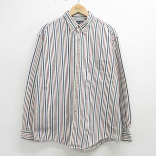 ランズエンド(LANDS’END)のXL★古着 ランズエンド 長袖 シャツ メンズ 90年代 90s コットン ボタンダウン USA製 白他 ホワイト ストライプ 24may06 中古 トップス(シャツ)