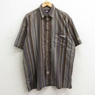 XL★古着 ディッキーズ Dickies 半袖 シャツ メンズ ロング丈 茶他 ブラウン ストライプ 24may06 中古 トップス