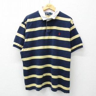 ラルフローレン(Ralph Lauren)のXL★古着 ラルフローレン Ralph Lauren 半袖 ブランド ラガー シャツ メンズ 90年代 90s ワンポイントロゴ 大きいサイズ コットン 鹿の子 紺他 ネイビー ボーダー 24may06 中古 トップス(シャツ)