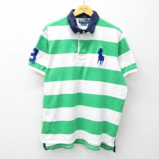 ラルフローレン(Ralph Lauren)のXL★古着 ラルフローレン Ralph Lauren 半袖 ブランド ラガー シャツ メンズ 90年代 90s ビッグロゴ コットン 鹿の子 緑他 グリーン ボーダー 24may06 中古 トップス(シャツ)