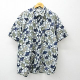 ゲス(GUESS)のXL★古着 ゲス GUESS 半袖 ブランド シャツ メンズ 90年代 90s 魚 総柄 大きいサイズ ロング丈 コットン USA製 グレー系他 24may06 中古 トップス(シャツ)