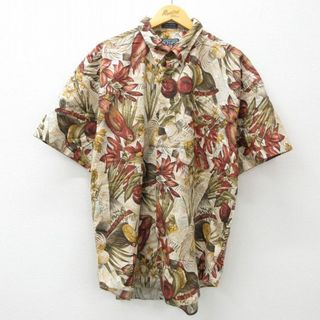 ラルフローレン(Ralph Lauren)のXL★古着 ラルフローレン Ralph Lauren チャップス 半袖 ブランド シャツ メンズ 80年代 80s 鳥 花 総柄 大きいサイズ ロング丈 コットン ボタンダウン ベージュ系他 カーキ 【spe】 24may06 中古 トップス(シャツ)