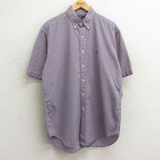 ラルフローレン(Ralph Lauren)のXL★古着 ラルフローレン Ralph Lauren 半袖 ブランド シャツ メンズ ワンポイントロゴ 大きいサイズ ロング丈 コットン ボタンダウン 紺他 ネイビー チェック 24may06 中古 トップス(シャツ)