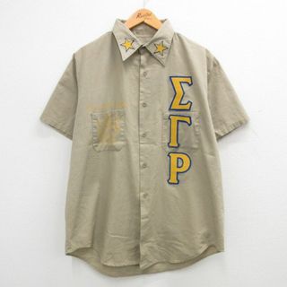 XL★古着 半袖 シャツ メンズ ギリシャ文字 大きいサイズ ロング丈 ベージュ カーキ 24may06 中古 トップス(シャツ)