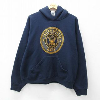 XL★古着 長袖 スウェット パーカー メンズ 90年代 90s ミリタリー ネイビー NAVY リフレクター 大きいサイズ USA製 紺 24may06 中古 スエット トレーナー トップス(パーカー)