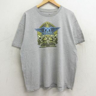 XL★古着 半袖 ロック バンド Tシャツ メンズ エアロスミス コットン クルーネック グレー 霜降り 24may06 中古(Tシャツ/カットソー(半袖/袖なし))