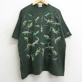 XL★古着 半袖 ビンテージ Tシャツ メンズ 90年代 90s トカゲ 大きいサイズ コットン クルーネック USA製 緑 グリーン 【spe】 24may06 中古(Tシャツ/カットソー(半袖/袖なし))