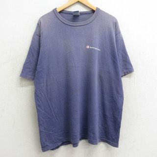 チャンピオン(Champion)のXL★古着 チャンピオン champion 半袖 ビンテージ Tシャツ メンズ 90年代 90s ワンポイントロゴ 大きいサイズ コットン クルーネック USA製 紺 ネイビー 24may06 中古(Tシャツ/カットソー(半袖/袖なし))