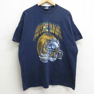 XL★古着 半袖 ビンテージ Tシャツ メンズ 90年代 90s ノートルダム アイリッシュ フットボール 大きいサイズ コットン クルーネック USA製 紺 ネイビー 24may06 中古(Tシャツ/カットソー(半袖/袖なし))