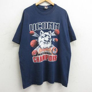 XL★古着 半袖 ビンテージ Tシャツ メンズ 90年代 90s コネチカットハスキーズ バスケットボール 大きいサイズ ロング丈 コットン クルーネック 紺 ネイビー 24may06 中古(Tシャツ/カットソー(半袖/袖なし))