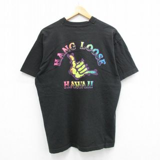 フルーツオブザルーム(FRUIT OF THE LOOM)のXL★古着 フルーツオブザルーム 半袖 ビンテージ Tシャツ メンズ 90年代 90s HAND LOOSE ハワイ 大きいサイズ コットン クルーネック USA製 黒 ブラック 24may06 中古(Tシャツ/カットソー(半袖/袖なし))