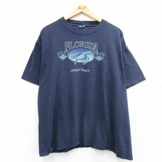 XL★古着 半袖 ビンテージ Tシャツ メンズ 00年代 00s フロリダ ウミガメ 大きいサイズ クルーネック 紺 ネイビー 24may06 中古(Tシャツ/カットソー(半袖/袖なし))