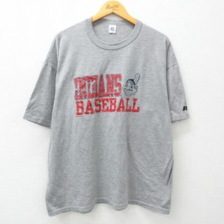 XL★古着 ラッセル 半袖 ビンテージ Tシャツ メンズ 00年代 00s MLB クリーブランドインディアンス 大きいサイズ クルーネック グレー 霜降り メジャーリーグ ベースボール 野球 24may06 中古(Tシャツ/カットソー(半袖/袖なし))