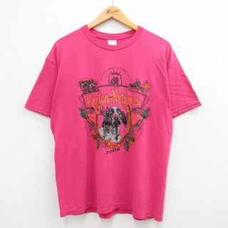 XL★古着 ジャージーズ 半袖 ビンテージ Tシャツ メンズ 00年代 00s 犬 クルーネック 濃ピンク 24may06 中古(Tシャツ/カットソー(半袖/袖なし))