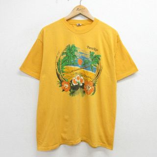 XL★古着 半袖 ビンテージ Tシャツ メンズ 80年代 80s ビーチ 花 太陽 クルーネック 黄色 イエロー 24may06 中古(Tシャツ/カットソー(半袖/袖なし))