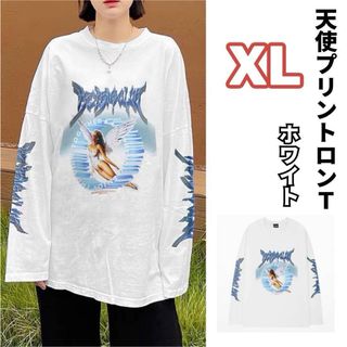 オーバーサイズ ロンＴ 天使プリント ホワイト XL  韓国 ストリート