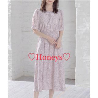 ハニーズ(HONEYS)の美品 Honeys スクエアワンピース Sサイズ ピンク 花柄ワンピース 5分袖(ロングワンピース/マキシワンピース)