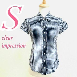 クリアインプレッション(CLEAR IMPRESSION)のクリアインプレッション　半袖ブラウス　S　ブルー　ホワイト　ギンガム　フリル(シャツ/ブラウス(半袖/袖なし))