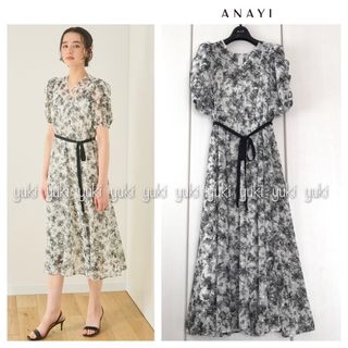 アナイ(ANAYI)のANAYI  モノトーンフラワー 袖フリル ワンピース(ロングワンピース/マキシワンピース)