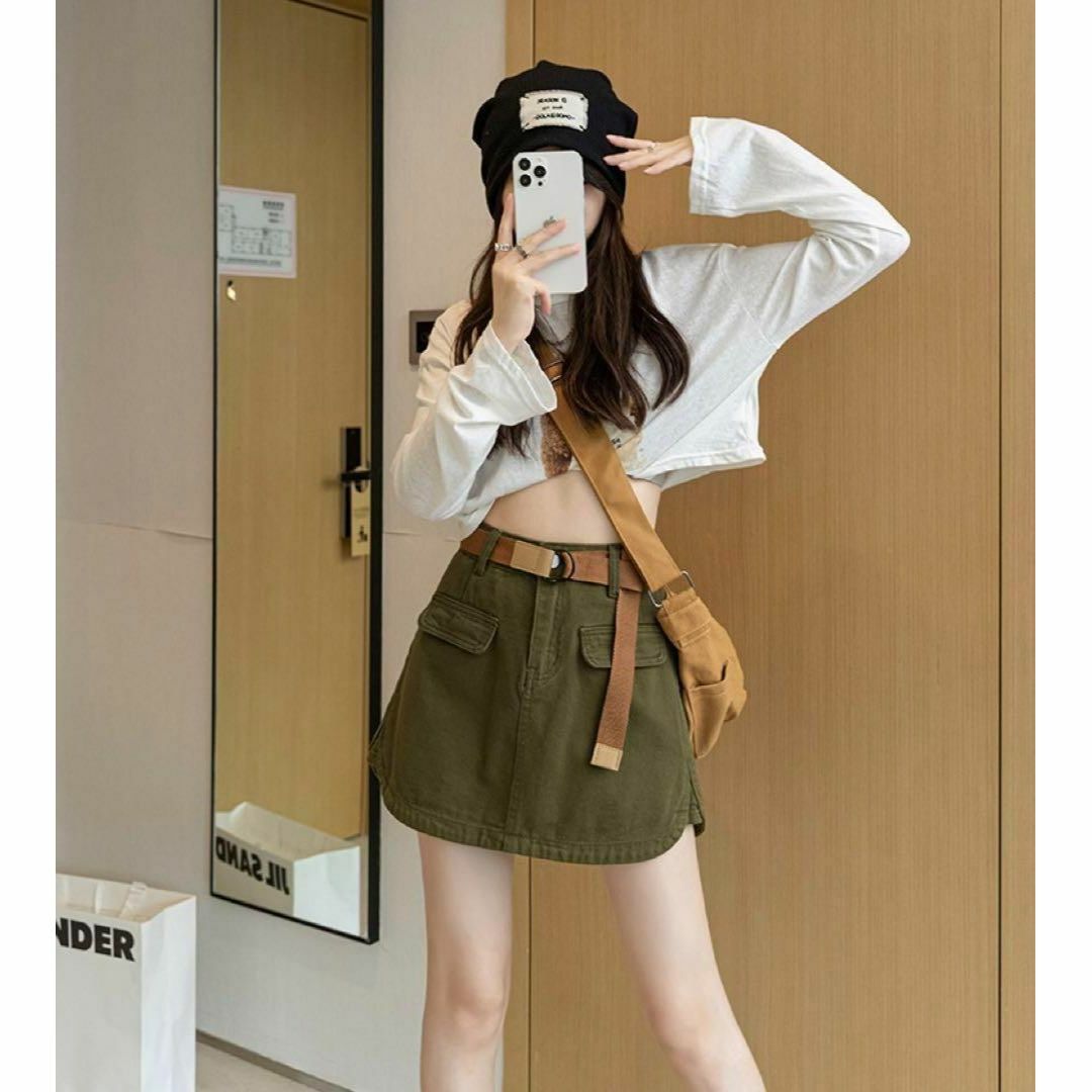 韓国 服 レディース スカート カーキ ミニスカート カジュアル ベルト セット レディースのスカート(ミニスカート)の商品写真