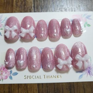 No.994♡ネイルチップ　シンプル　マグネットネイル　リボン　ピンク　キラキラ(ネイルチップ)