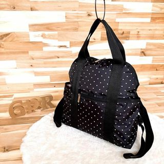 LeSportsac - 美品【レスポートサック】水玉ドット総柄 ダブルトラブル 3wayリュック 黒×白