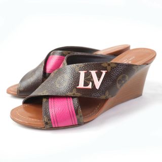 ルイヴィトン(LOUIS VUITTON)の美品☆LOUIS VUITTON ルイヴィトン パノラマ・ライン LVロゴ モノグラムキャンバス サンダル ブラウン ピンク 37 イタリア製 レディース(サンダル)