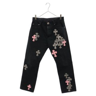 クロムハーツ(Chrome Hearts)のCHROME HEARTS クロムハーツ クロスパッチカスタムウォッシュドフレアニーステッチデニムパンツ ブラック/ピンク/ホワイト(デニム/ジーンズ)