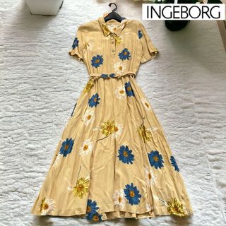 インゲボルグ(INGEBORG)の【大きいサイズ】インゲボルグ　花柄　ロング丈ワンピース　ウエストベルト　イエロー(ロングワンピース/マキシワンピース)