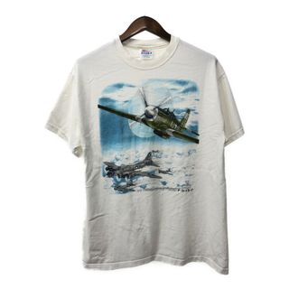 Hanes ヘインズ P-51 B-17 戦闘機 半袖Ｔシャツ ミリタリー ホワイト (メンズ L) 中古 古着 Q5635(Tシャツ/カットソー(半袖/袖なし))