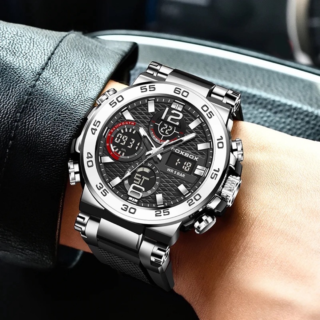 新品 FOXBOX デュアルウォッチ50M防水 メンズ腕時計 ブラック＆シルバー メンズの時計(腕時計(アナログ))の商品写真