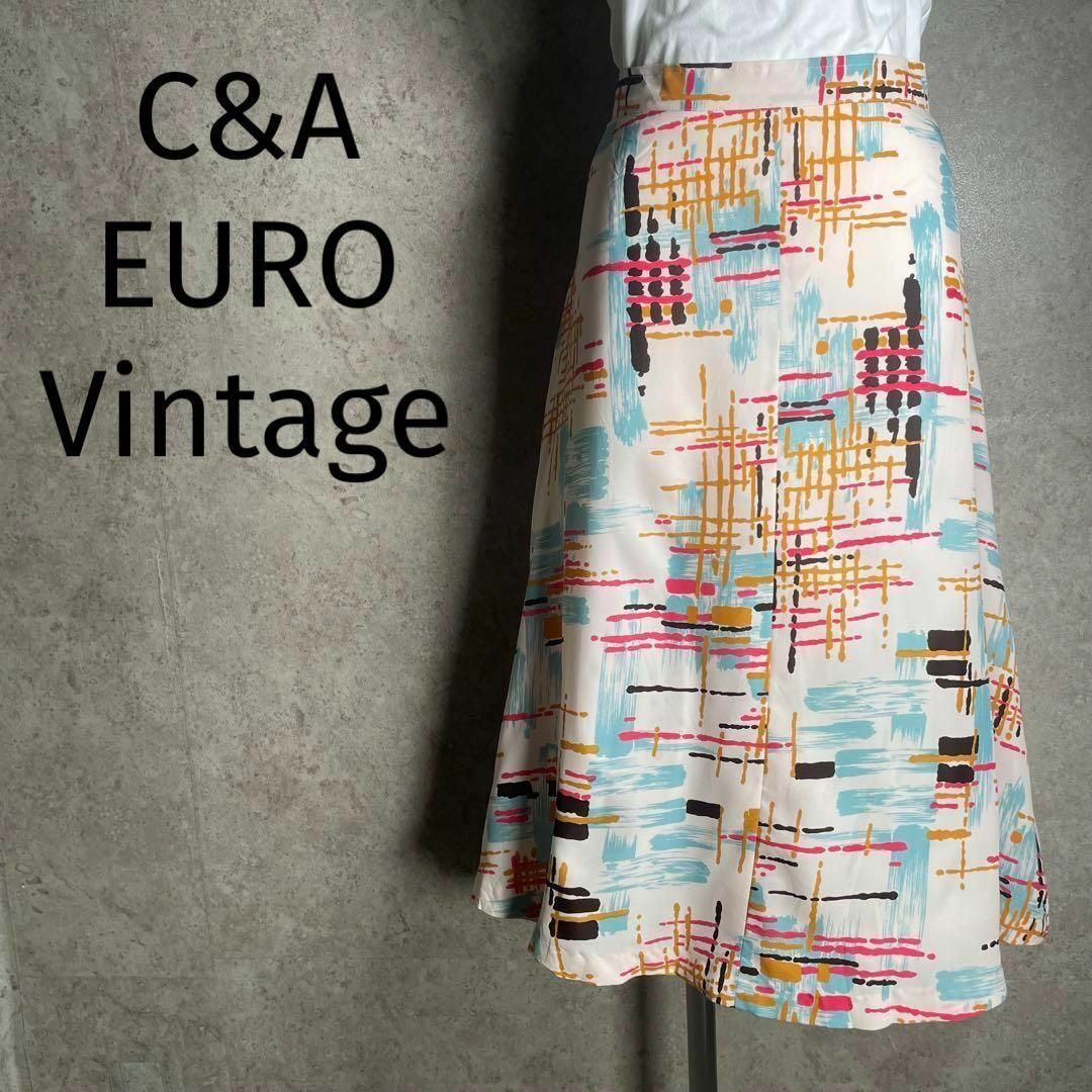 VINTAGE(ヴィンテージ)の80s ユーロヴィンテージ C&A レトロスカート ポリエステル 総柄 ホワイト レディースのスカート(その他)の商品写真