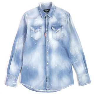 ディースクエアード(DSQUARED2)の美品▼DSQUARED2 ディースクエアード 20AW S74DM0452 ストレッチデニム ペイント加工 長袖シャツ ライトブルー 46 イタリア製 正規品 メンズ(シャツ)