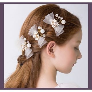 花輪　髪飾り　ドレス　ヘアアクセサリー　可愛い　リボン3つセット☆　ヘアクリップ(バレッタ/ヘアクリップ)