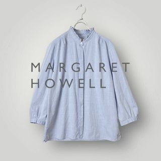 マーガレットハウエル(MARGARET HOWELL)の[良品] マーガレットハウエル フリルシャツ ブルー サイズⅢ 7分丈 コットン(シャツ/ブラウス(長袖/七分))