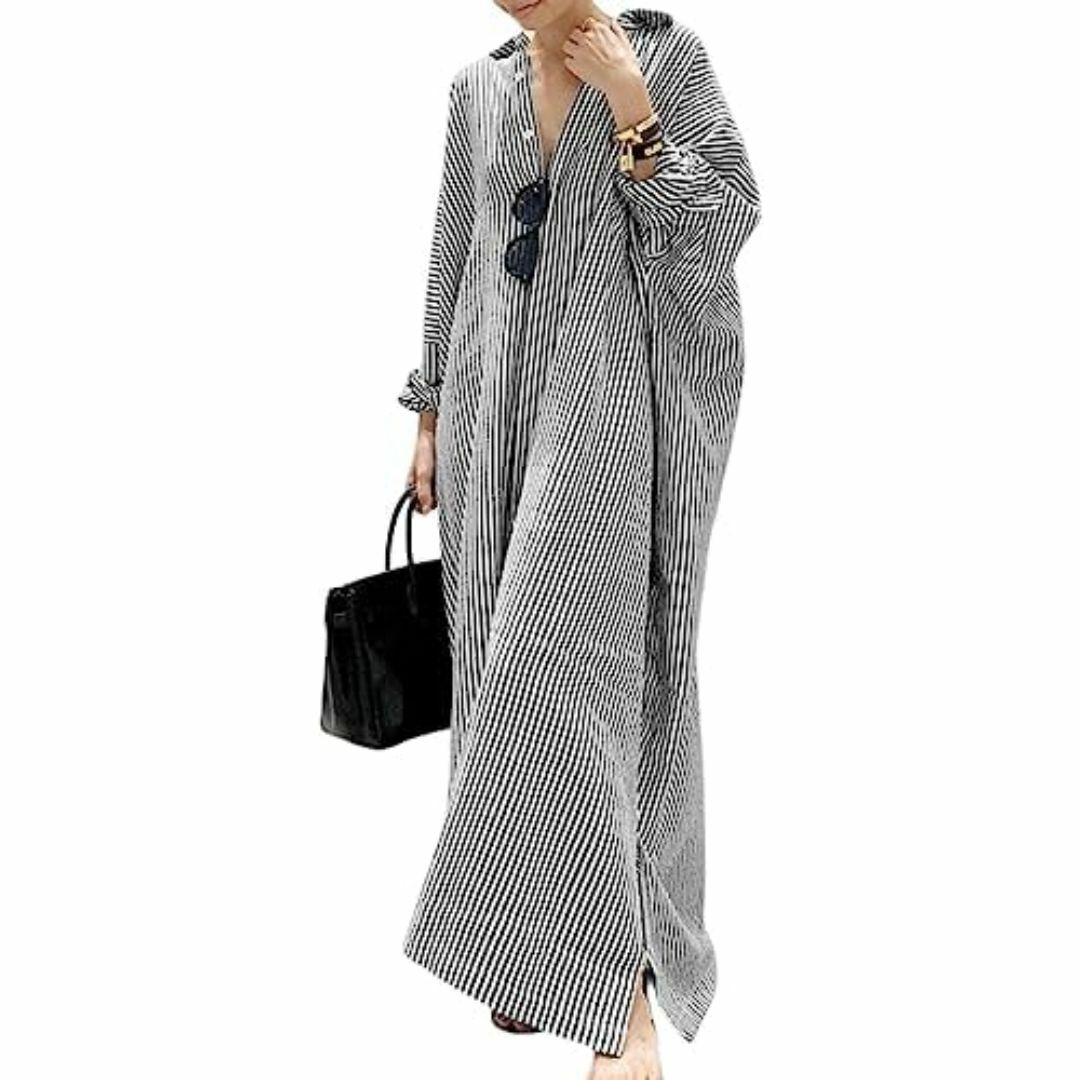 [BLANK BLANC] シャツワンピース マキシ丈 ストライプ ロング ワン レディースのファッション小物(その他)の商品写真