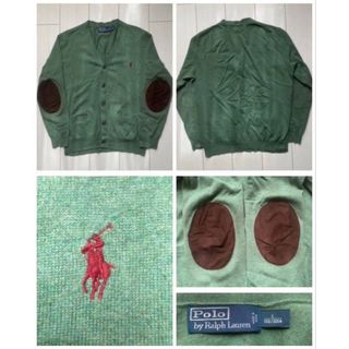 ポロラルフローレン(POLO RALPH LAUREN)のPOLO ラルフローレン 本革 レザー エルボーパッチ ニット カーディガン L(カーディガン)