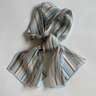 シルク　ミニ　スカーフ　長方形　透け感あり　ストライプ　ブルー系(バンダナ/スカーフ)