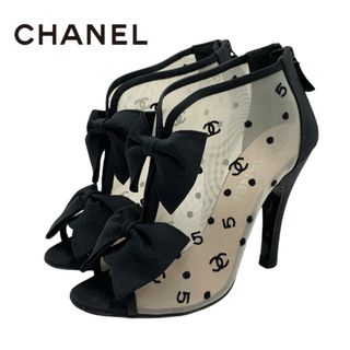 シャネル(CHANEL)のシャネル CHANEL パンプス 靴 シューズ メッシュ ファブリック ブラック 黒 ブーティ ココマーク ドット リボン 刺繍(ハイヒール/パンプス)