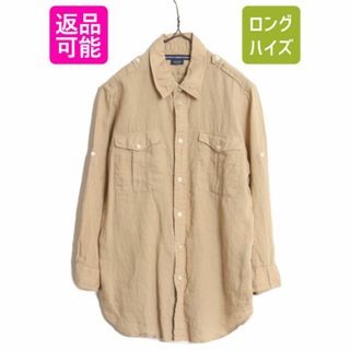 ラルフローレン(Ralph Lauren)のラルフローレン 100% リネン サファリ シャツ レディース M 程/ ポロ スポーツ 麻 無地 長袖シャツ 7分袖 ロールアップ 袖 カーキ ブラウス(シャツ/ブラウス(長袖/七分))