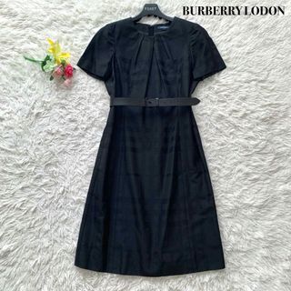 BURBERRY - 【美品】バーバリーロンドン 膝丈 ワンピース ベルト シャドーチェック 黒 M