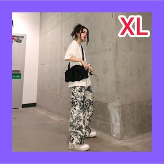 レディース パンツ 水墨画風  XL ゆったり ストレート(その他)