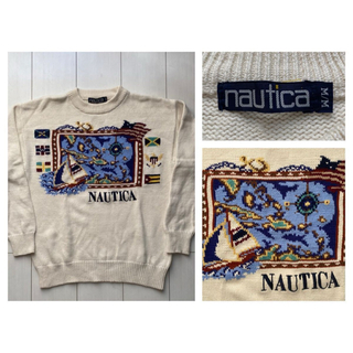 NAUTICA - 美品 90s nautica yacht map flag knit 白 M L